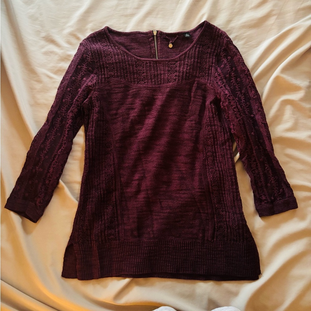 Anthropologie Plum Lightweight Sweater with Sheer Lace Sleeve